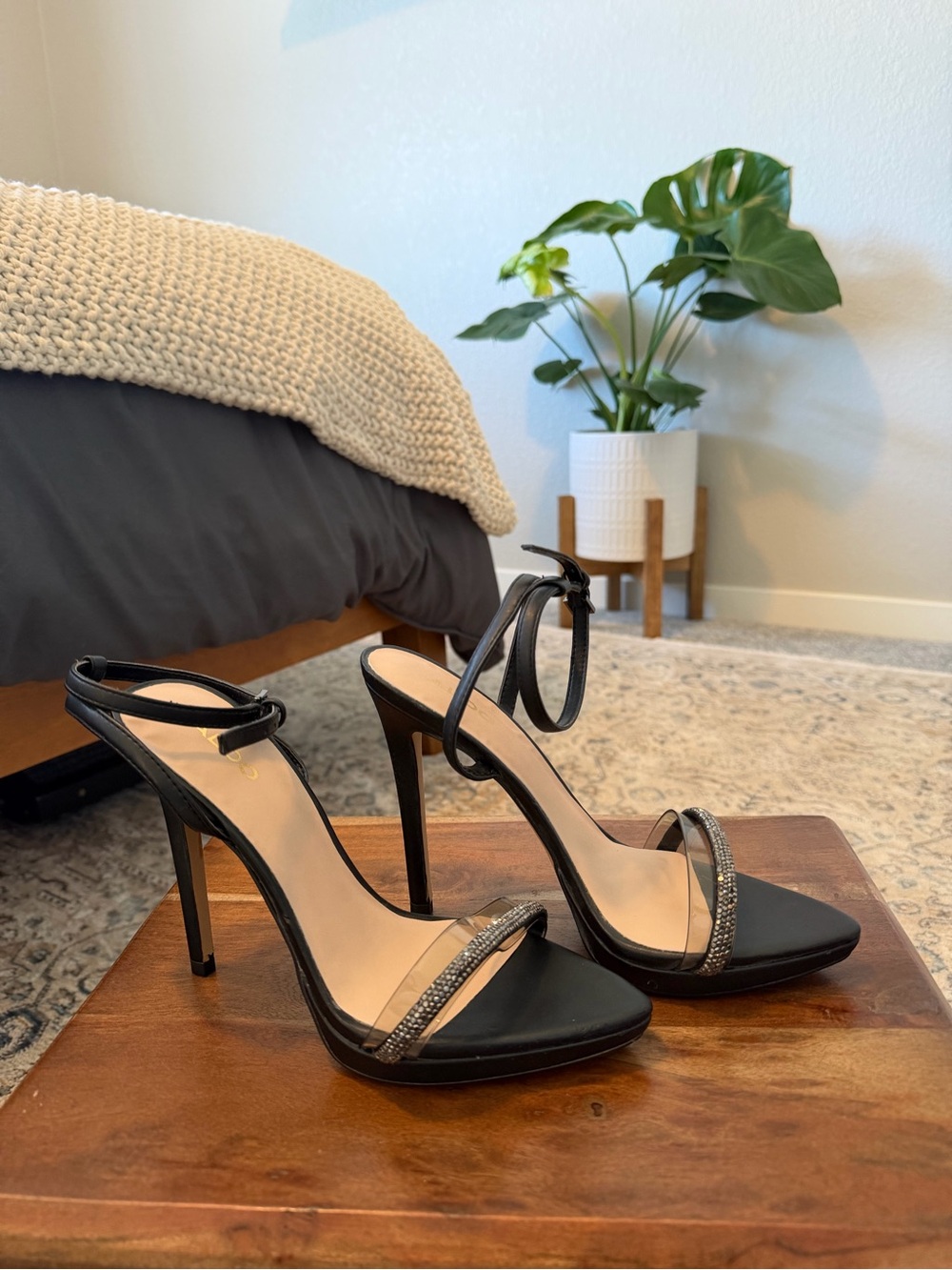 ALDO Women's Black Ankle-Strap Stiletto heel with Rhinestone Accent